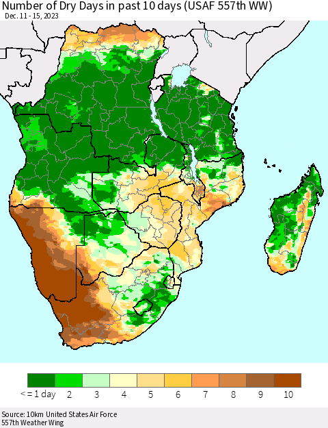 Southern Africa Number of Dry Days in past 10 days (USAF 557th WW) Thematic Map For 12/11/2023 - 12/15/2023
