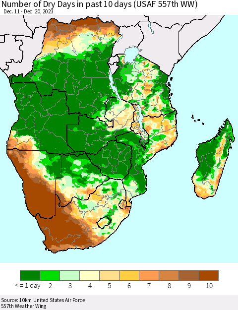 Southern Africa Number of Dry Days in past 10 days (USAF 557th WW) Thematic Map For 12/16/2023 - 12/20/2023