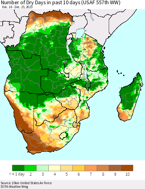 Southern Africa Number of Dry Days in past 10 days (USAF 557th WW) Thematic Map For 12/21/2023 - 12/25/2023