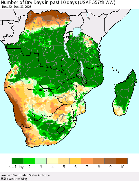 Southern Africa Number of Dry Days in past 10 days (USAF 557th WW) Thematic Map For 12/26/2023 - 12/31/2023
