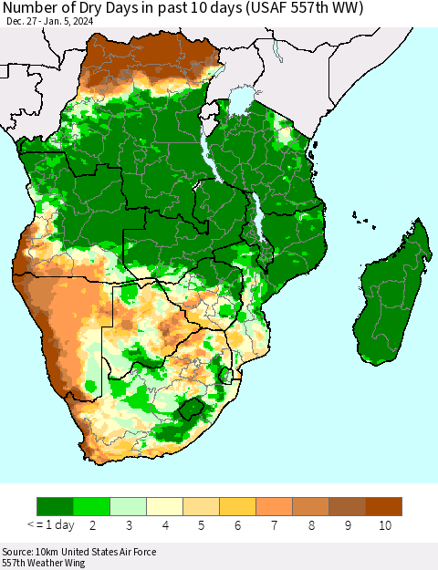 Southern Africa Number of Dry Days in past 10 days (USAF 557th WW) Thematic Map For 1/1/2024 - 1/5/2024