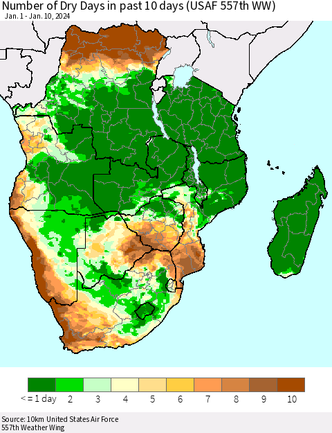 Southern Africa Number of Dry Days in past 10 days (USAF 557th WW) Thematic Map For 1/6/2024 - 1/10/2024
