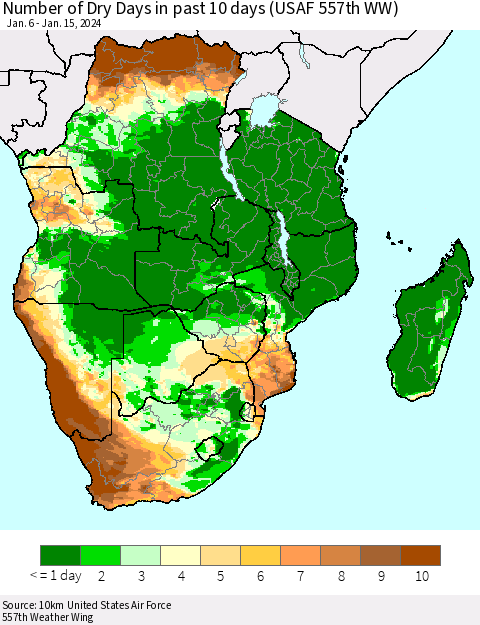 Southern Africa Number of Dry Days in past 10 days (USAF 557th WW) Thematic Map For 1/11/2024 - 1/15/2024