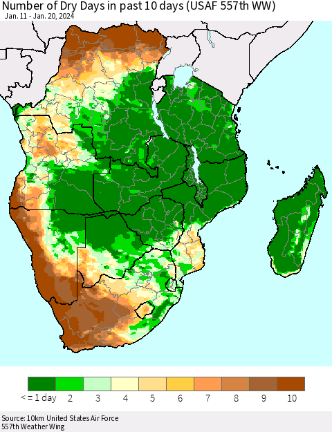 Southern Africa Number of Dry Days in past 10 days (USAF 557th WW) Thematic Map For 1/16/2024 - 1/20/2024