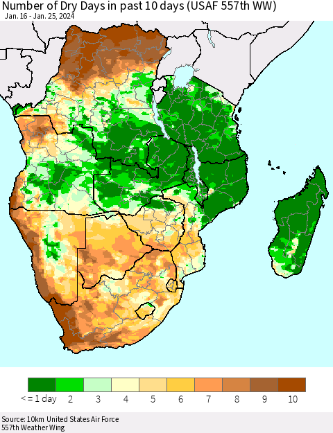 Southern Africa Number of Dry Days in past 10 days (USAF 557th WW) Thematic Map For 1/21/2024 - 1/25/2024