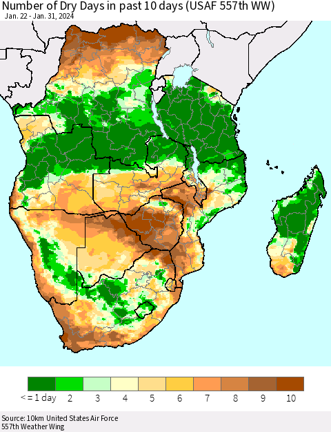 Southern Africa Number of Dry Days in past 10 days (USAF 557th WW) Thematic Map For 1/26/2024 - 1/31/2024