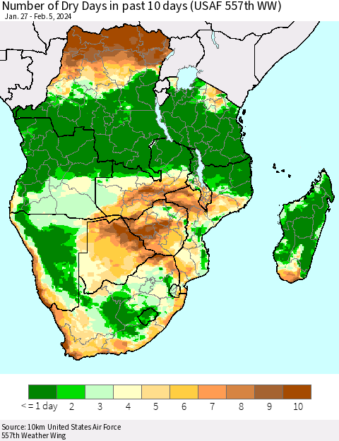 Southern Africa Number of Dry Days in past 10 days (USAF 557th WW) Thematic Map For 2/1/2024 - 2/5/2024