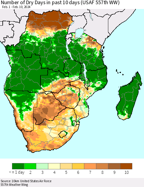 Southern Africa Number of Dry Days in past 10 days (USAF 557th WW) Thematic Map For 2/6/2024 - 2/10/2024