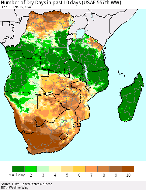 Southern Africa Number of Dry Days in past 10 days (USAF 557th WW) Thematic Map For 2/11/2024 - 2/15/2024