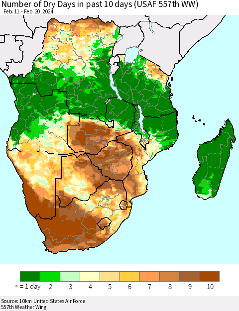 Southern Africa Number of Dry Days in past 10 days (USAF 557th WW) Thematic Map For 2/16/2024 - 2/20/2024