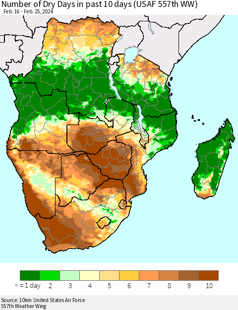 Southern Africa Number of Dry Days in past 10 days (USAF 557th WW) Thematic Map For 2/21/2024 - 2/25/2024