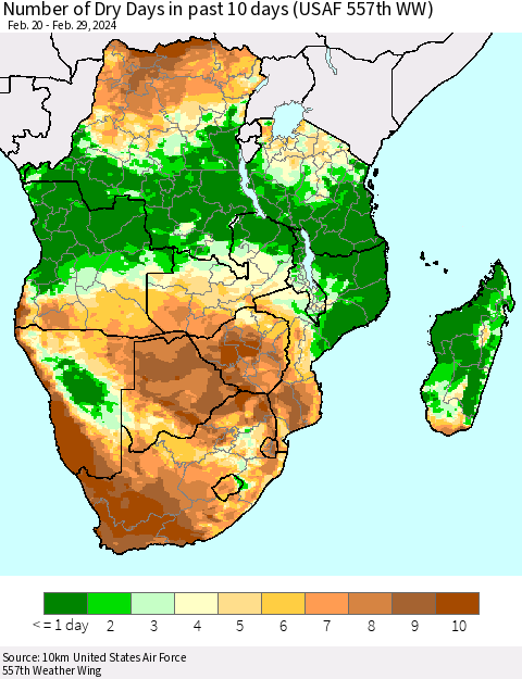 Southern Africa Number of Dry Days in past 10 days (USAF 557th WW) Thematic Map For 2/26/2024 - 2/29/2024