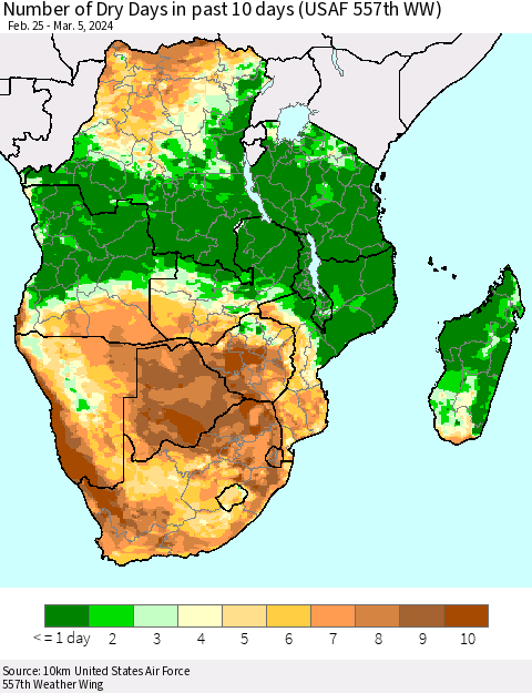 Southern Africa Number of Dry Days in past 10 days (USAF 557th WW) Thematic Map For 3/1/2024 - 3/5/2024