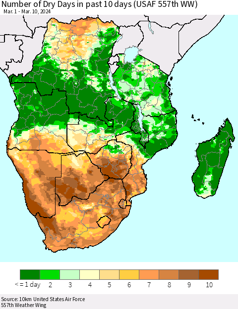 Southern Africa Number of Dry Days in past 10 days (USAF 557th WW) Thematic Map For 3/6/2024 - 3/10/2024