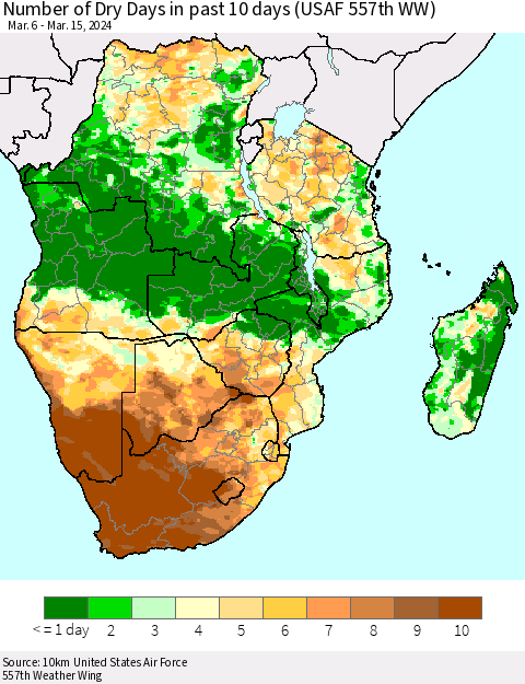 Southern Africa Number of Dry Days in past 10 days (USAF 557th WW) Thematic Map For 3/11/2024 - 3/15/2024