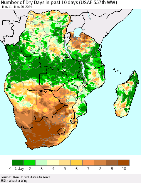 Southern Africa Number of Dry Days in past 10 days (USAF 557th WW) Thematic Map For 3/16/2024 - 3/20/2024