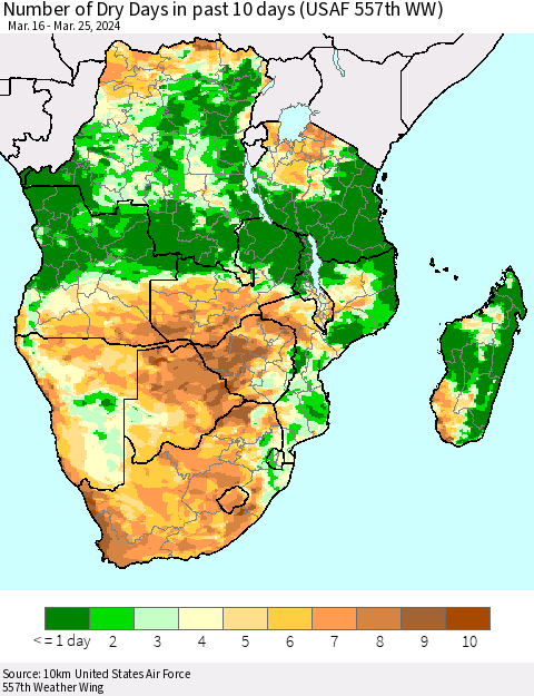 Southern Africa Number of Dry Days in past 10 days (USAF 557th WW) Thematic Map For 3/21/2024 - 3/25/2024