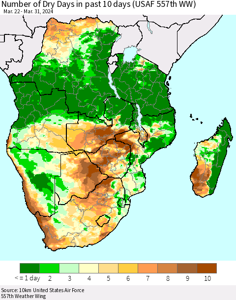 Southern Africa Number of Dry Days in past 10 days (USAF 557th WW) Thematic Map For 3/26/2024 - 3/31/2024