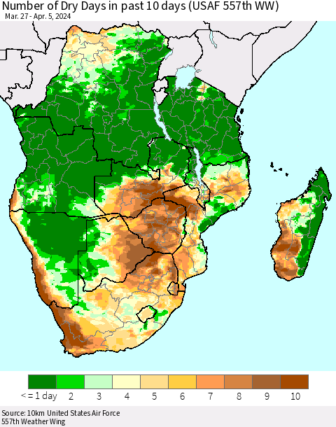 Southern Africa Number of Dry Days in past 10 days (USAF 557th WW) Thematic Map For 4/1/2024 - 4/5/2024