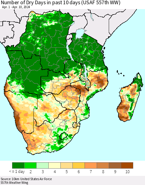 Southern Africa Number of Dry Days in past 10 days (USAF 557th WW) Thematic Map For 4/6/2024 - 4/10/2024