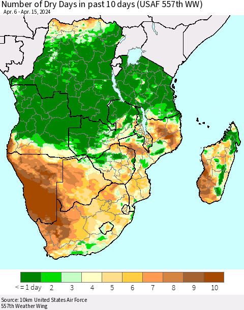 Southern Africa Number of Dry Days in past 10 days (USAF 557th WW) Thematic Map For 4/11/2024 - 4/15/2024
