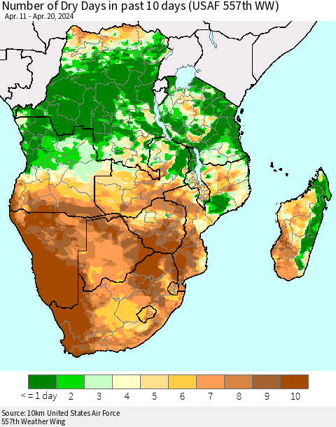 Southern Africa Number of Dry Days in past 10 days (USAF 557th WW) Thematic Map For 4/16/2024 - 4/20/2024