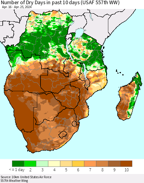 Southern Africa Number of Dry Days in past 10 days (USAF 557th WW) Thematic Map For 4/21/2024 - 4/25/2024