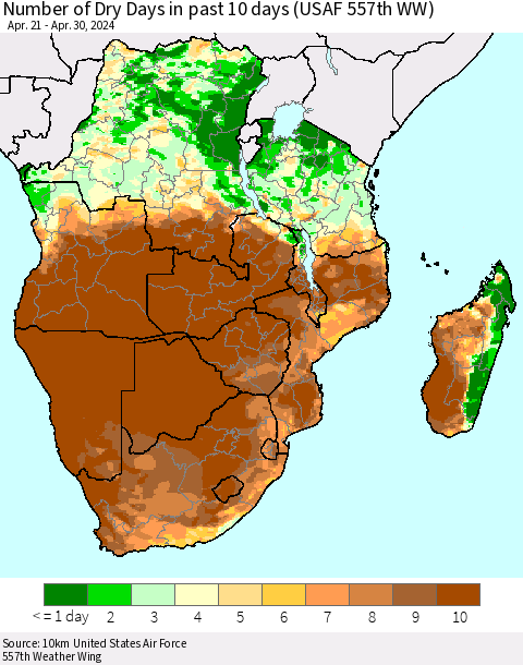 Southern Africa Number of Dry Days in past 10 days (USAF 557th WW) Thematic Map For 4/26/2024 - 4/30/2024