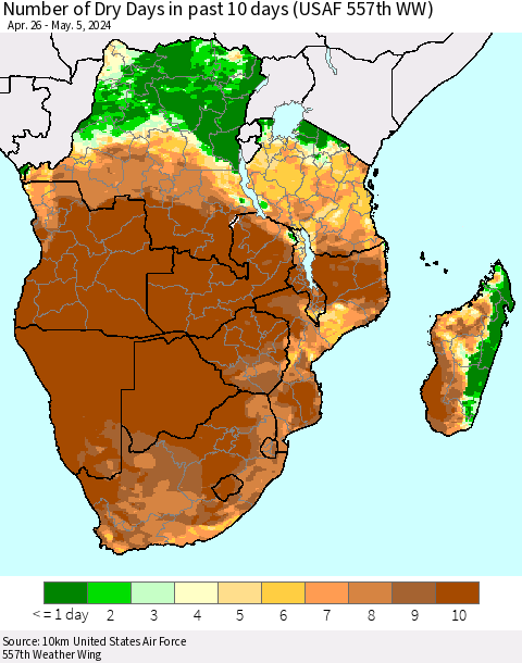 Southern Africa Number of Dry Days in past 10 days (USAF 557th WW) Thematic Map For 5/1/2024 - 5/5/2024