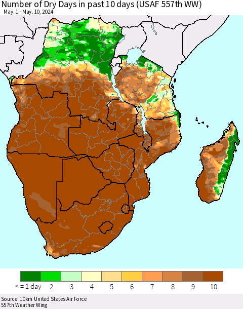 Southern Africa Number of Dry Days in past 10 days (USAF 557th WW) Thematic Map For 5/6/2024 - 5/10/2024