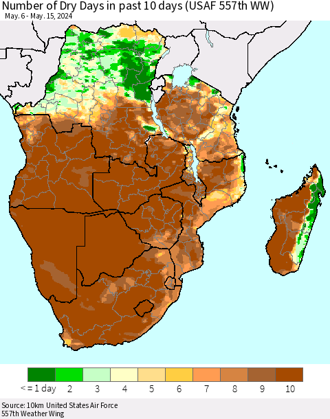 Southern Africa Number of Dry Days in past 10 days (USAF 557th WW) Thematic Map For 5/11/2024 - 5/15/2024