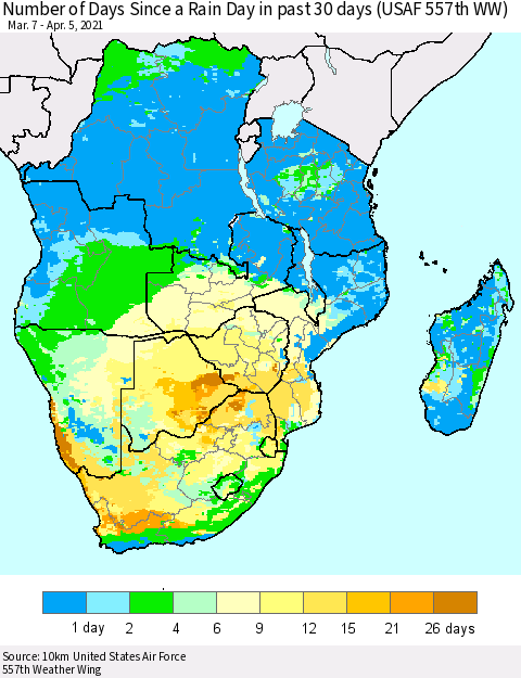 Southern Africa Number of Days Since a Rain Day in past 30 days (USAF 557th WW) Thematic Map For 4/1/2021 - 4/5/2021