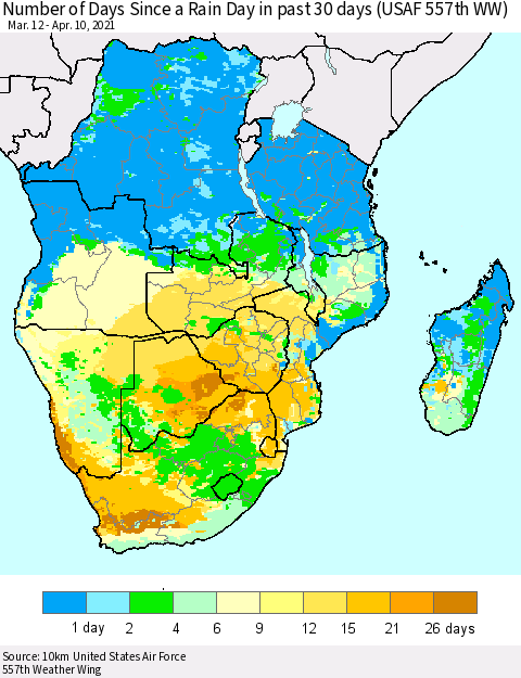 Southern Africa Number of Days Since a Rain Day in past 30 days (USAF 557th WW) Thematic Map For 4/6/2021 - 4/10/2021