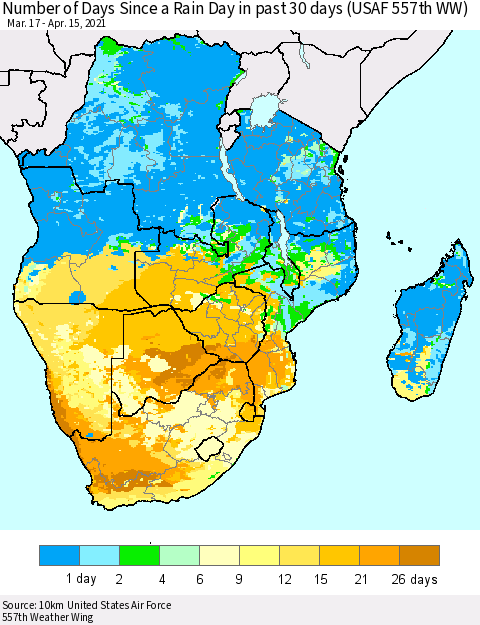 Southern Africa Number of Days Since a Rain Day in past 30 days (USAF 557th WW) Thematic Map For 4/11/2021 - 4/15/2021