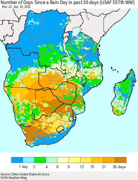 Southern Africa Number of Days Since a Rain Day in past 30 days (USAF 557th WW) Thematic Map For 4/16/2021 - 4/20/2021
