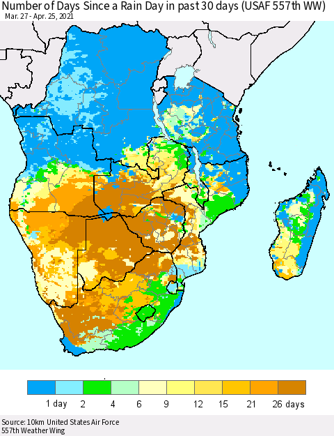 Southern Africa Number of Days Since a Rain Day in past 30 days (USAF 557th WW) Thematic Map For 4/21/2021 - 4/25/2021