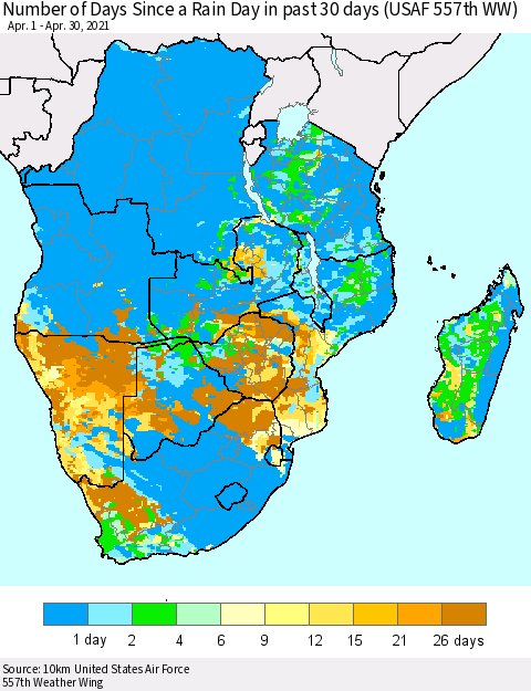 Southern Africa Number of Days Since a Rain Day in past 30 days (USAF 557th WW) Thematic Map For 4/26/2021 - 4/30/2021