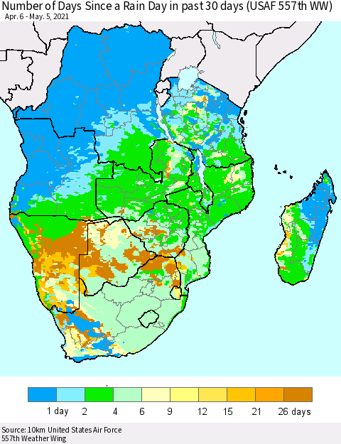 Southern Africa Number of Days Since a Rain Day in past 30 days (USAF 557th WW) Thematic Map For 5/1/2021 - 5/5/2021