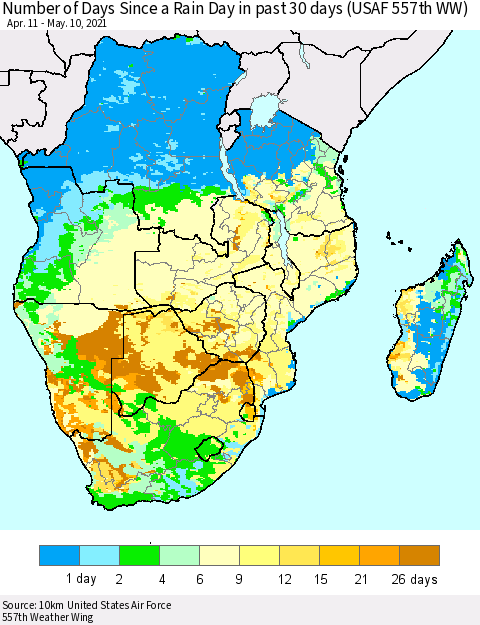 Southern Africa Number of Days Since a Rain Day in past 30 days (USAF 557th WW) Thematic Map For 5/6/2021 - 5/10/2021