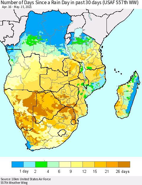Southern Africa Number of Days Since a Rain Day in past 30 days (USAF 557th WW) Thematic Map For 5/11/2021 - 5/15/2021