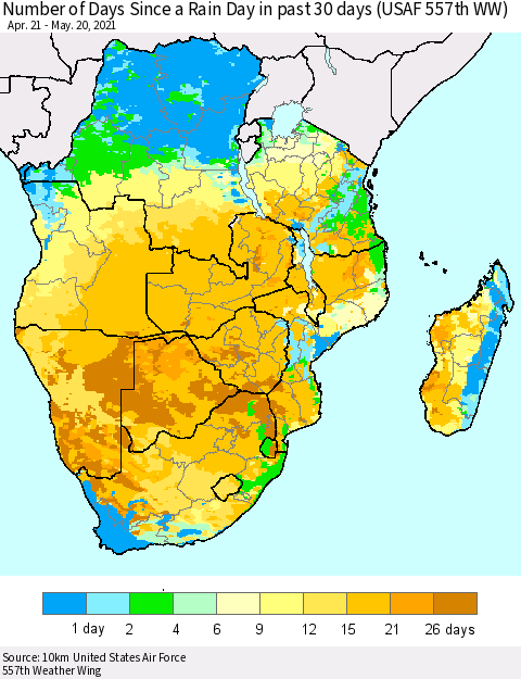 Southern Africa Number of Days Since a Rain Day in past 30 days (USAF 557th WW) Thematic Map For 5/16/2021 - 5/20/2021