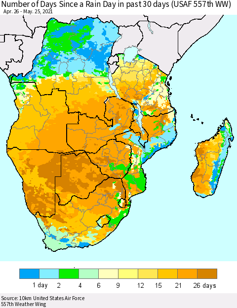 Southern Africa Number of Days Since a Rain Day in past 30 days (USAF 557th WW) Thematic Map For 5/21/2021 - 5/25/2021