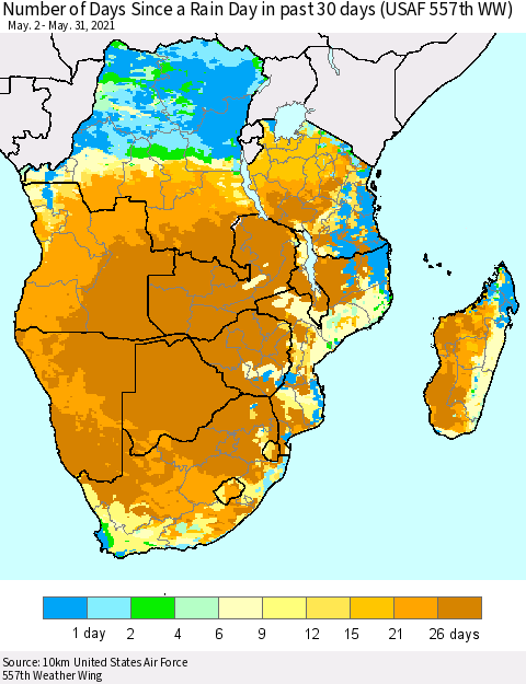 Southern Africa Number of Days Since a Rain Day in past 30 days (USAF 557th WW) Thematic Map For 5/26/2021 - 5/31/2021