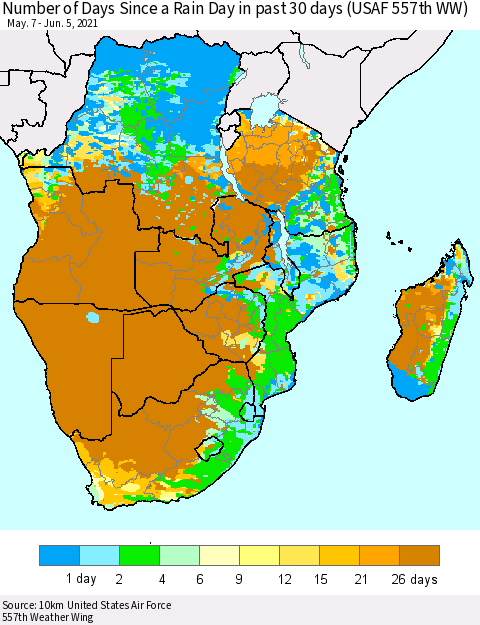 Southern Africa Number of Days Since a Rain Day in past 30 days (USAF 557th WW) Thematic Map For 6/1/2021 - 6/5/2021