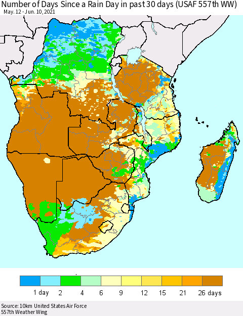 Southern Africa Number of Days Since a Rain Day in past 30 days (USAF 557th WW) Thematic Map For 6/6/2021 - 6/10/2021
