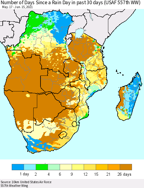 Southern Africa Number of Days Since a Rain Day in past 30 days (USAF 557th WW) Thematic Map For 6/11/2021 - 6/15/2021