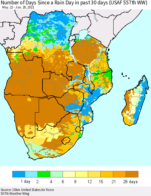 Southern Africa Number of Days Since a Rain Day in past 30 days (USAF 557th WW) Thematic Map For 6/16/2021 - 6/20/2021