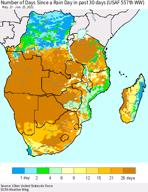 Southern Africa Number of Days Since a Rain Day in past 30 days (USAF 557th WW) Thematic Map For 6/21/2021 - 6/25/2021