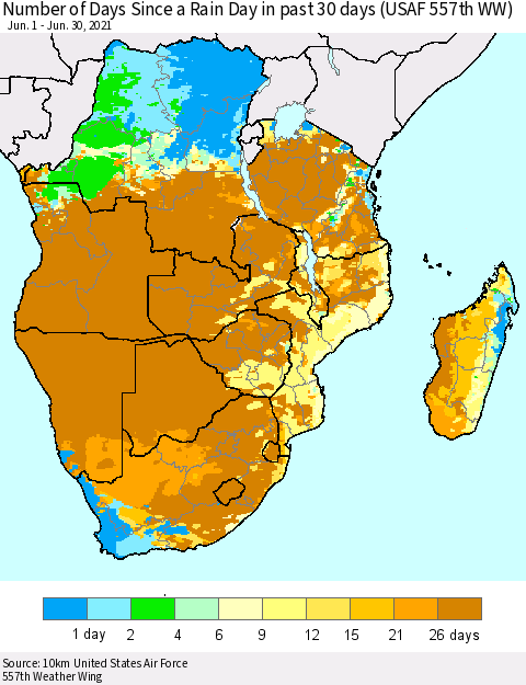 Southern Africa Number of Days Since a Rain Day in past 30 days (USAF 557th WW) Thematic Map For 6/26/2021 - 6/30/2021