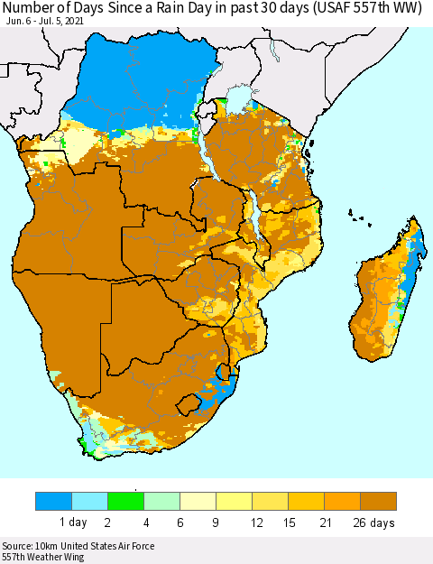Southern Africa Number of Days Since a Rain Day in past 30 days (USAF 557th WW) Thematic Map For 7/1/2021 - 7/5/2021